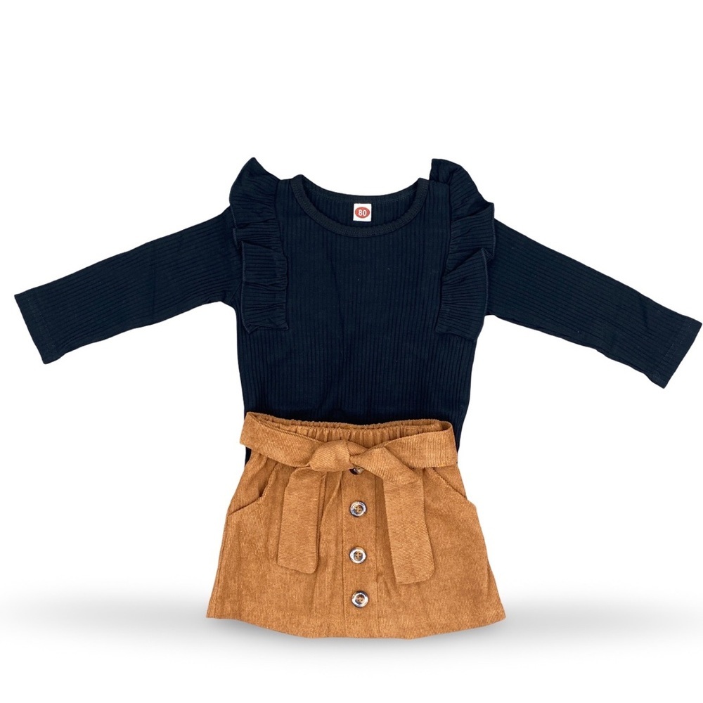 Black Ruffle Long Sleeve Top and Tan Corduroy Button Skirt Set Size 2
